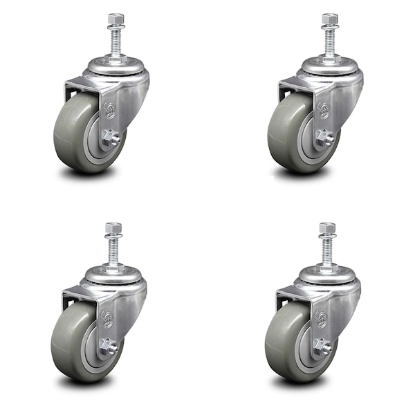 3.5 Inch Gray Polyurethane Wheel Swivel 10mm Threaded Stem Caster Set SCC